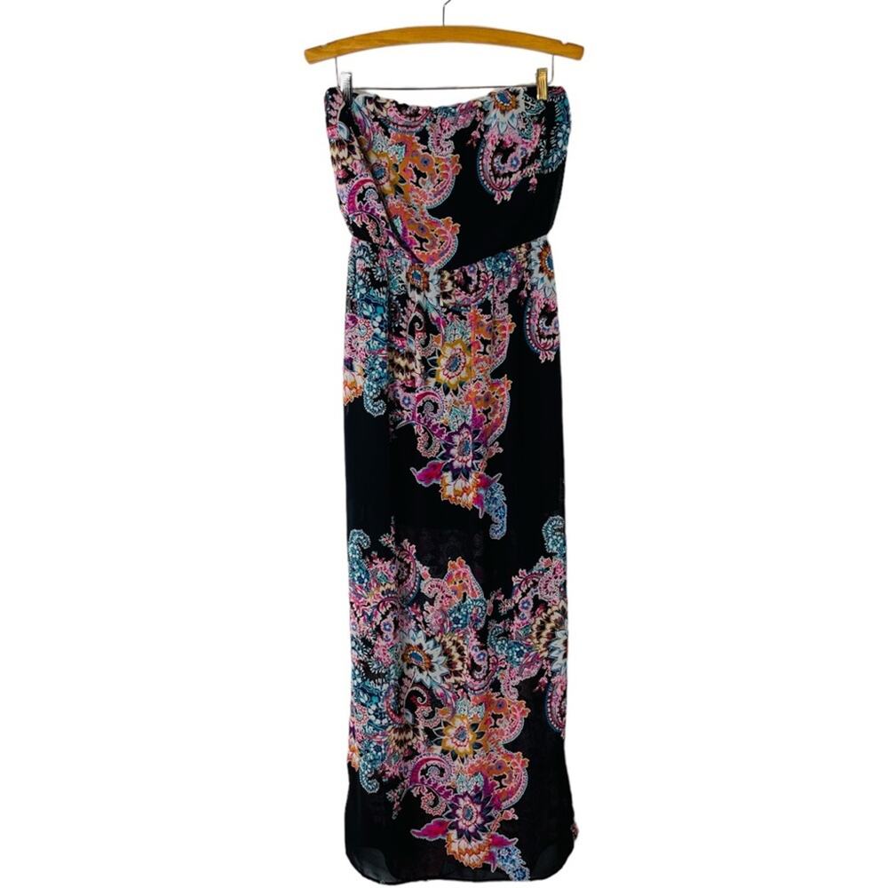 Express black pink floral chiffon strapless maxi dress medium